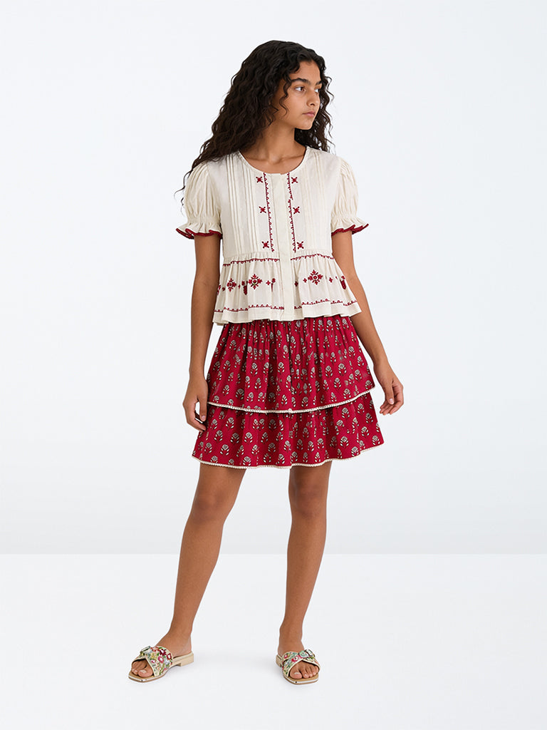 Utsa Kids Girls Red Floral Printed Tiered Cotton Skirt - (8-14 yrs)