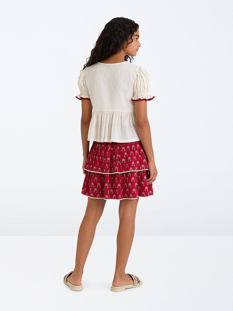 Utsa Kids Girls Red Floral Printed Tiered Cotton Skirt - (8-14 yrs)