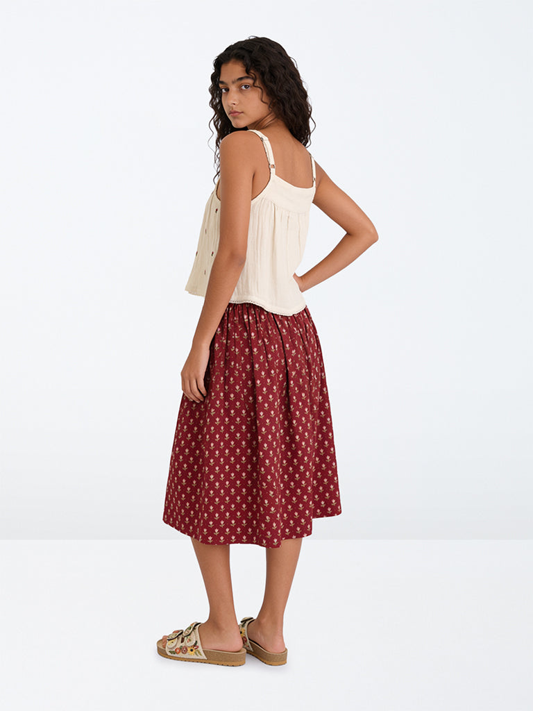 Utsa Kids Girls Red Floral Printed Cotton-Blend Skirt - (8-14 yrs)