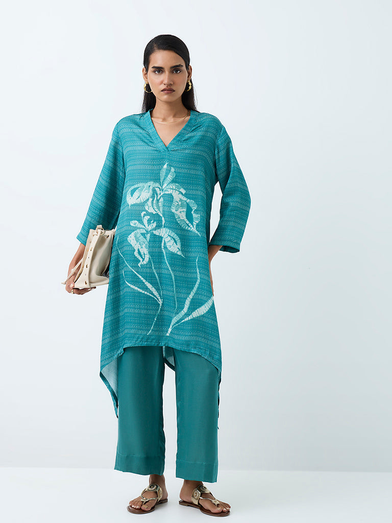 Zuba Teal Floral Pattern A-Line Kurta