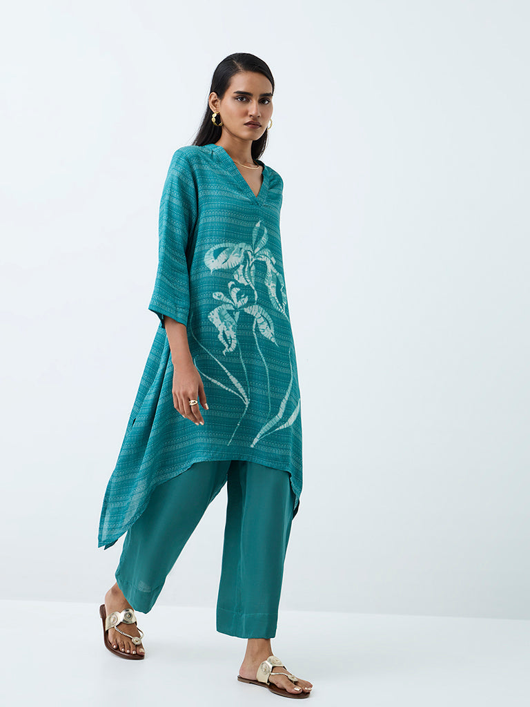 Zuba Teal Floral Pattern A-Line Kurta