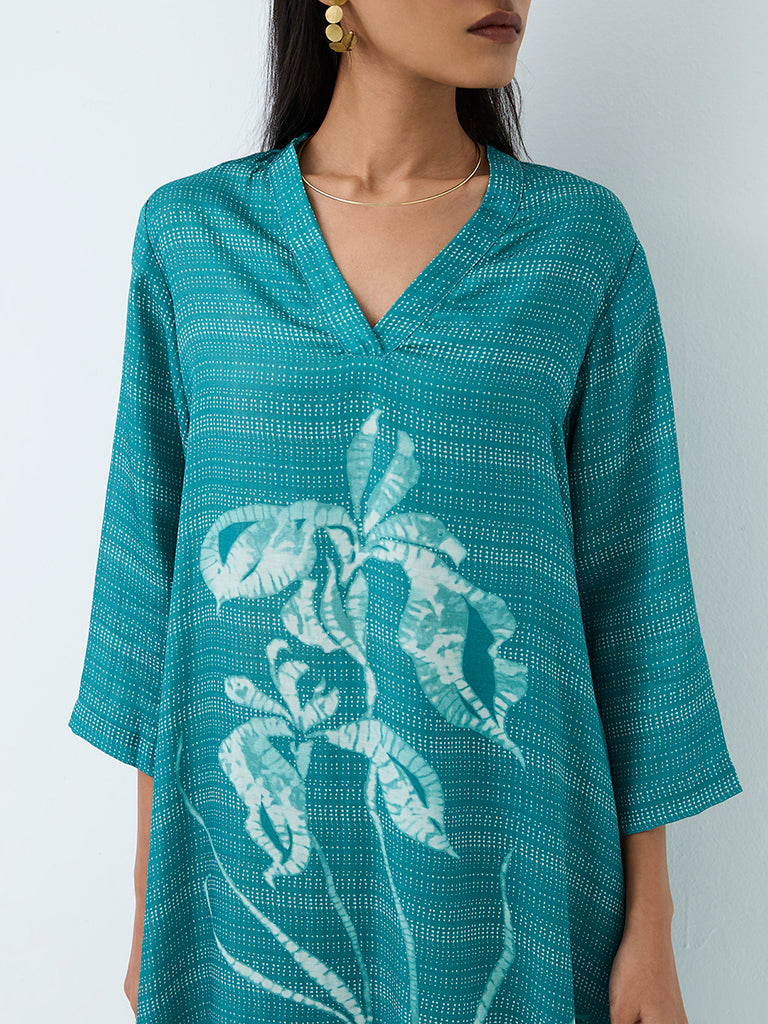 Zuba Teal Floral Pattern A-Line Kurta