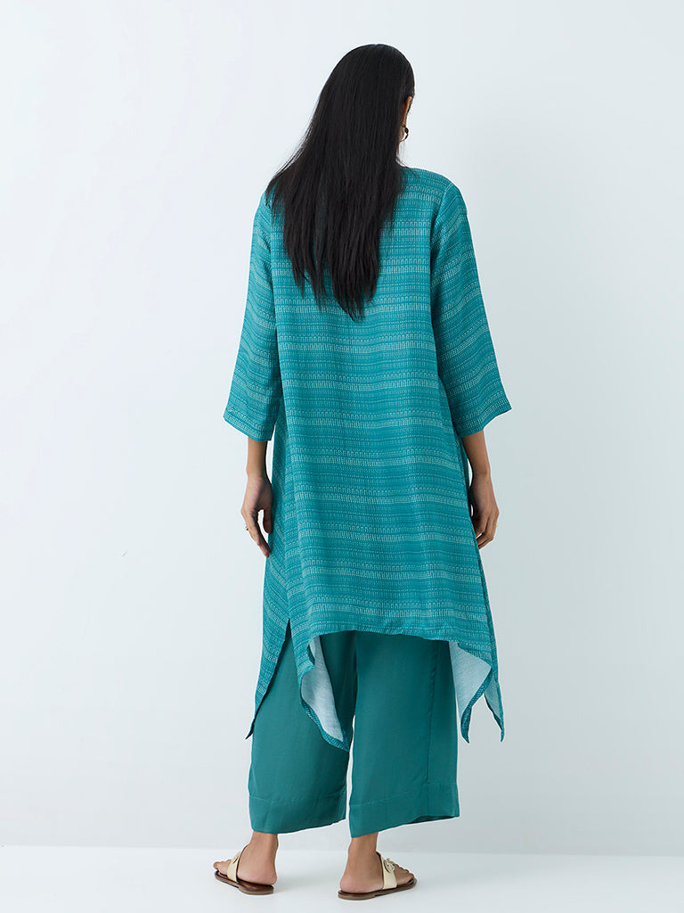 Zuba Teal Floral Pattern A-Line Kurta