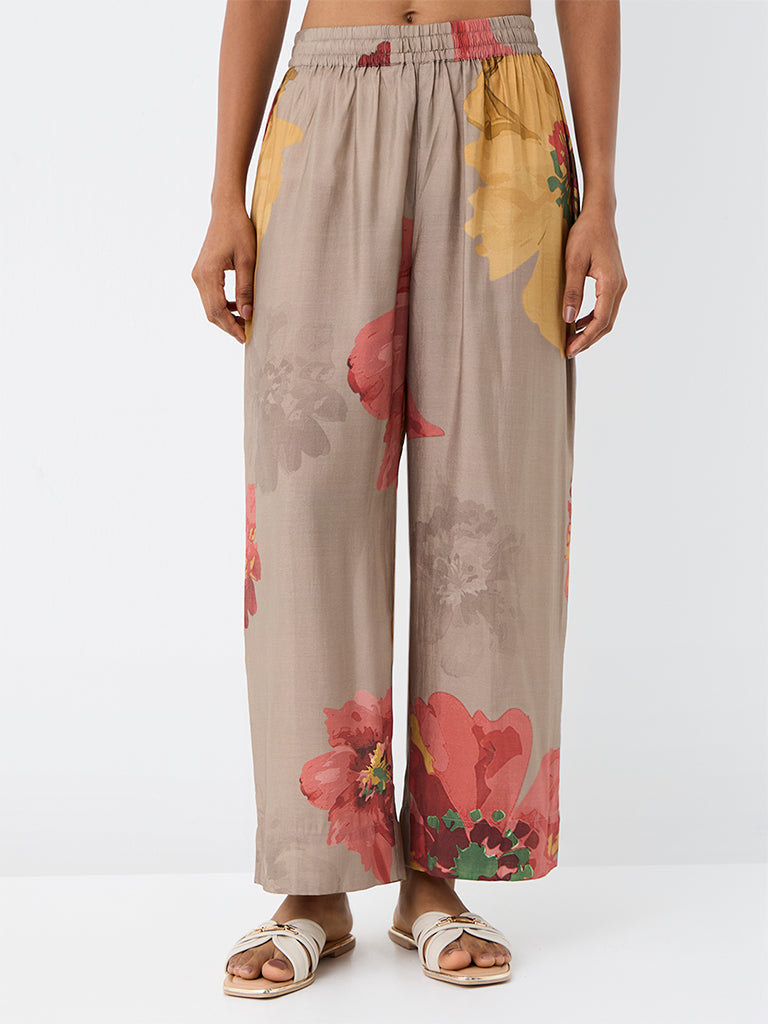Utsa Dark Taupe Floral Printed Pants