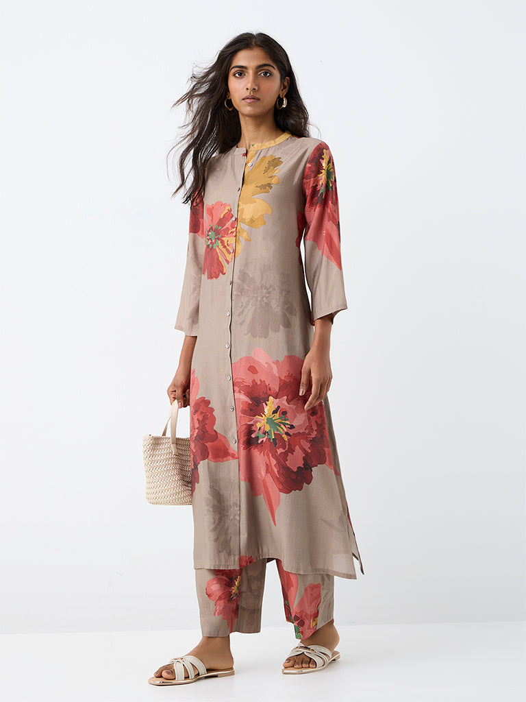Utsa Dark Taupe Floral Printed Pants