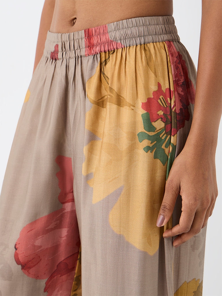 Utsa Dark Taupe Floral Printed Pants