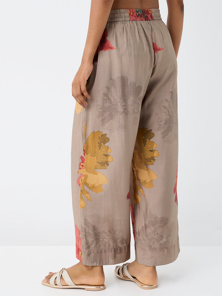 Utsa Dark Taupe Floral Printed Pants