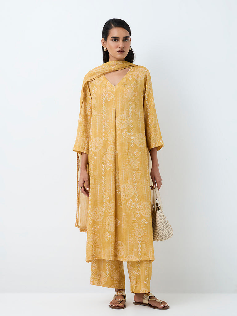 Zuba Yellow Printed Silk-Blend Dupatta