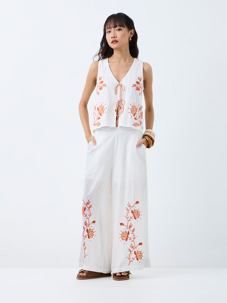 Bombay Paisley White Embroidered High-Rise Cotton Palazzos