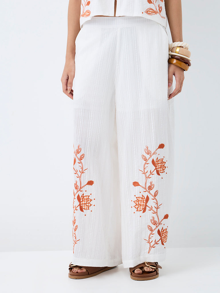 Bombay Paisley White Embroidered High-Rise Cotton Palazzos