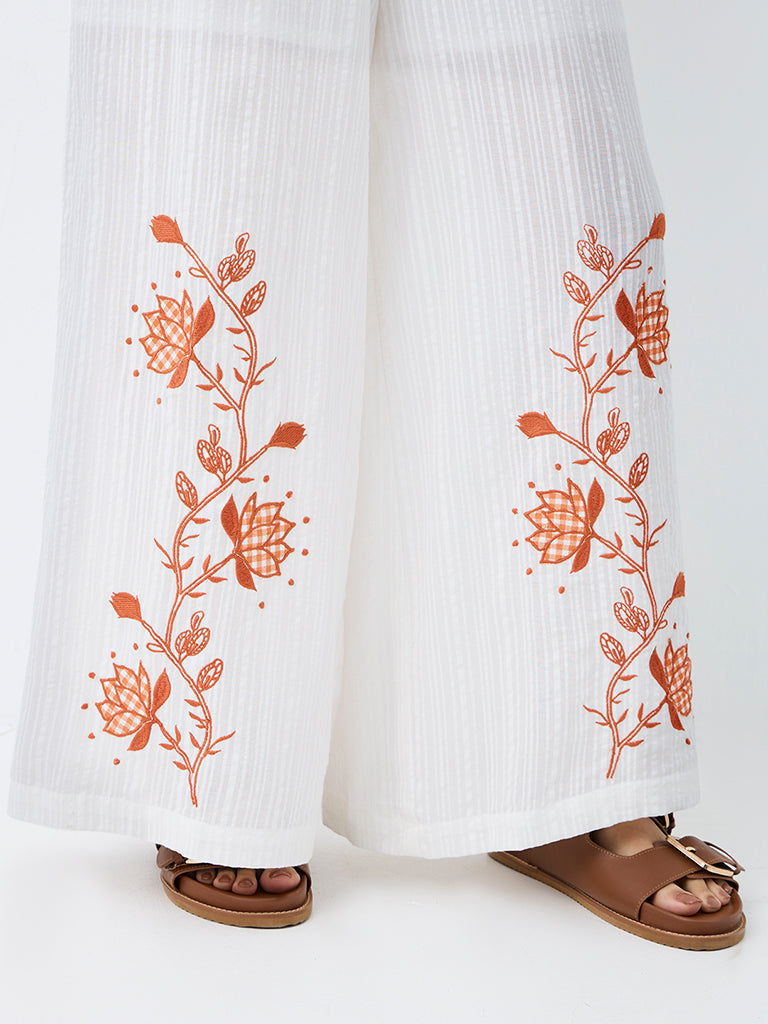 Bombay Paisley White Embroidered High-Rise Cotton Palazzos