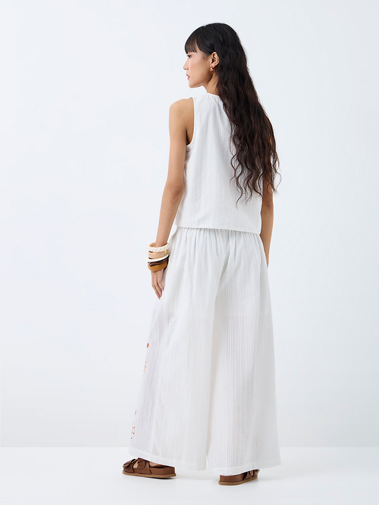 Bombay Paisley White Embroidered High-Rise Cotton Palazzos