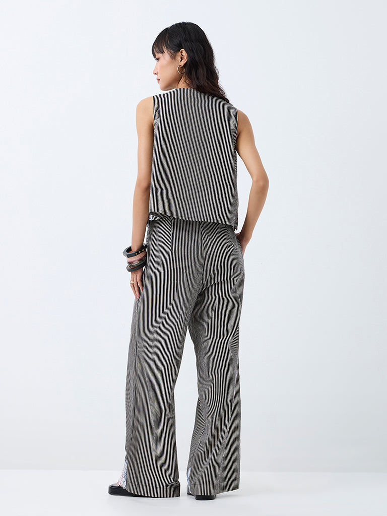 Bombay Paisley Black Striped High-Rise Cotton-Blend Pants