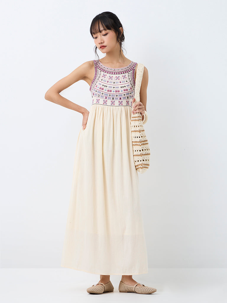 Bombay Paisley Cream Embroidered Cotton A-Line Dress
