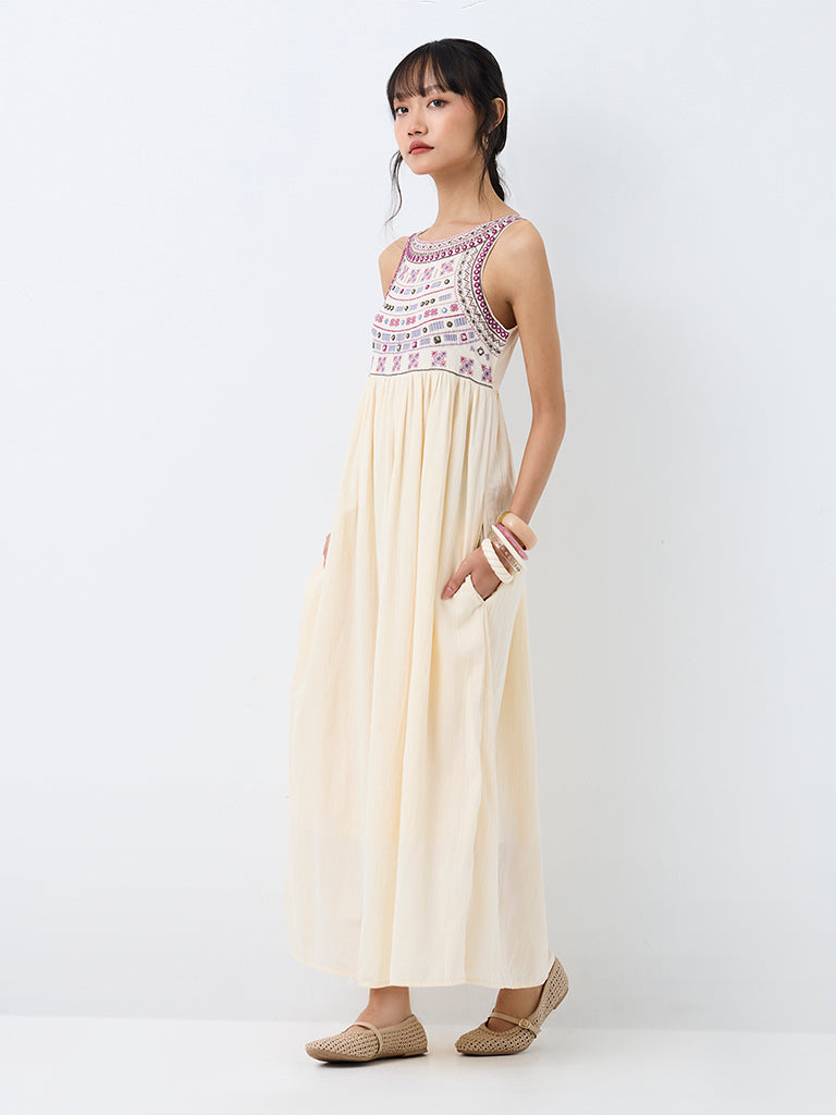 Bombay Paisley Cream Embroidered Cotton A-Line Dress