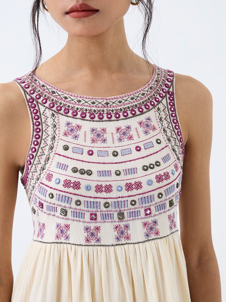 Bombay Paisley Cream Embroidered Cotton A-Line Dress