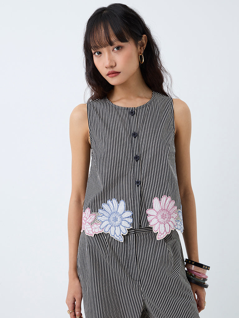 Bombay Paisley Black Striped Cotton-Blend Top