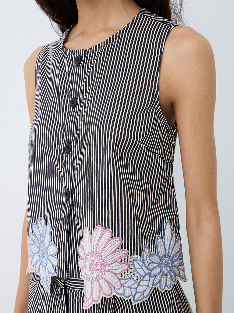 Bombay Paisley Black Striped Cotton-Blend Top