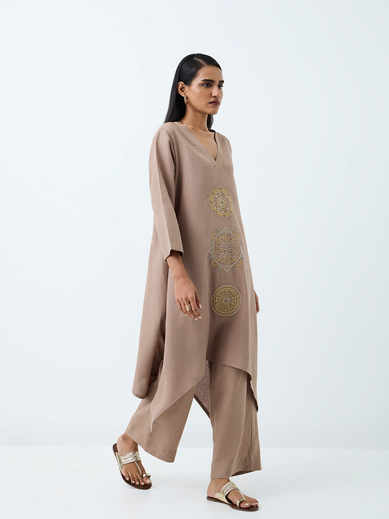 Zuba Dark Taupe Mandala Embroidered A-Line Kurta