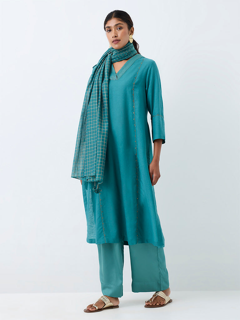 Zuba Teal Sequin-Detail A-Line Kurta