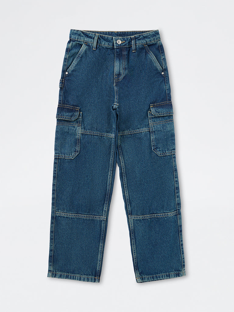 Boys Blue Washed Cargo-Style Mid-Rise Relaxed Fit Jeans