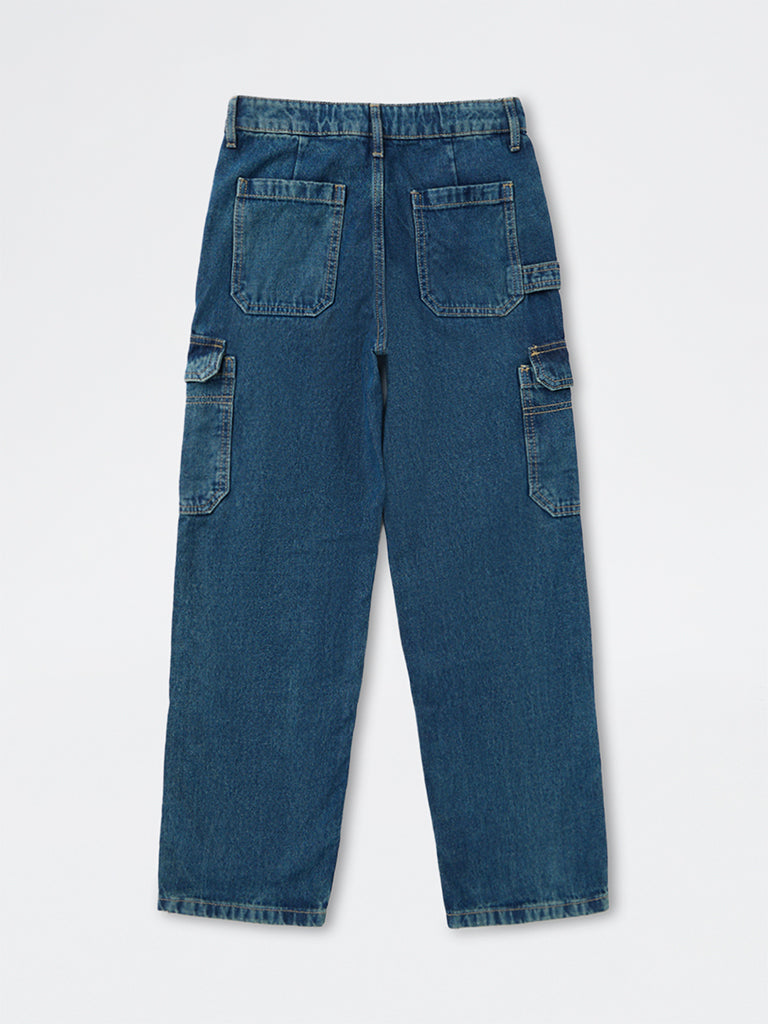 Boys Blue Washed Cargo-Style Mid-Rise Relaxed Fit Jeans