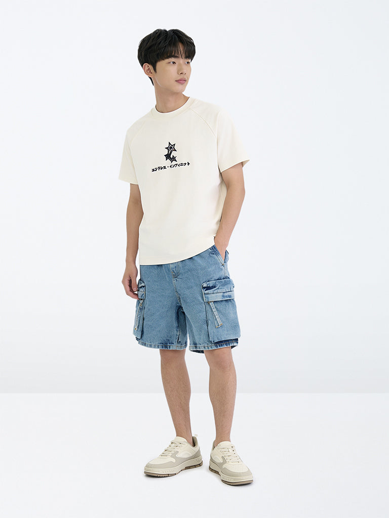 Boys Blue Washed Mid-Rise Denim Shorts