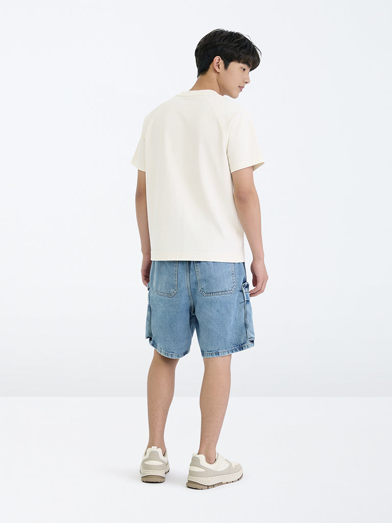 Boys Blue Washed Mid-Rise Denim Shorts