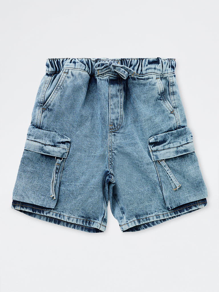 Boys Blue Washed Mid-Rise Denim Shorts