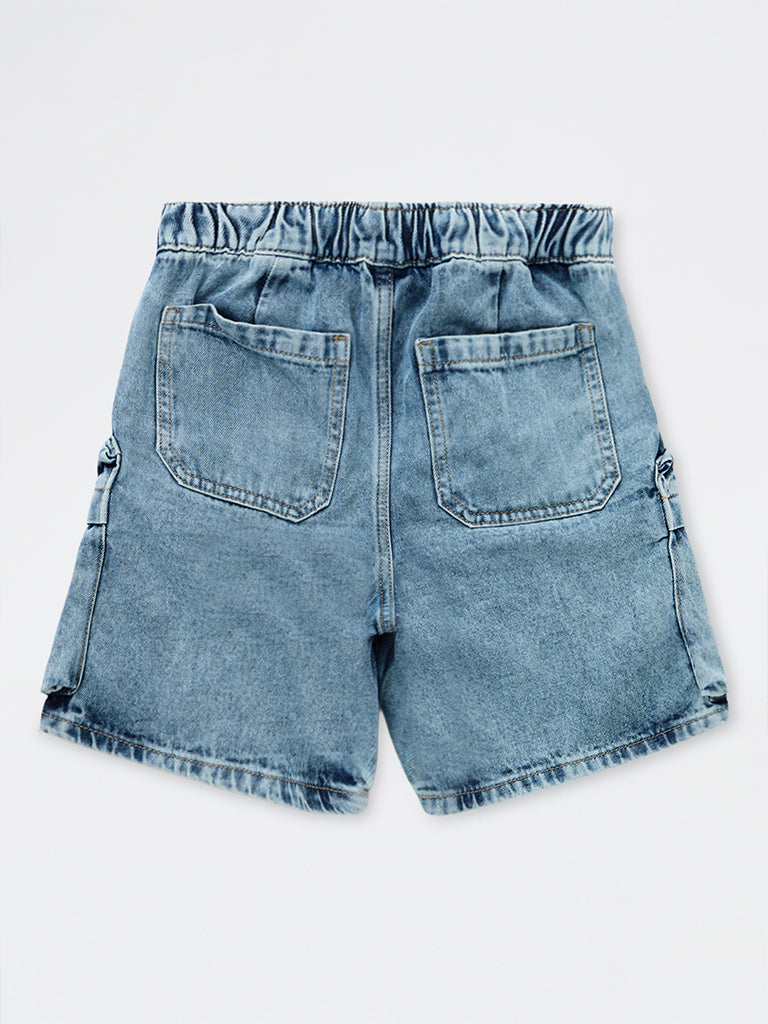 Boys Blue Washed Mid-Rise Denim Shorts