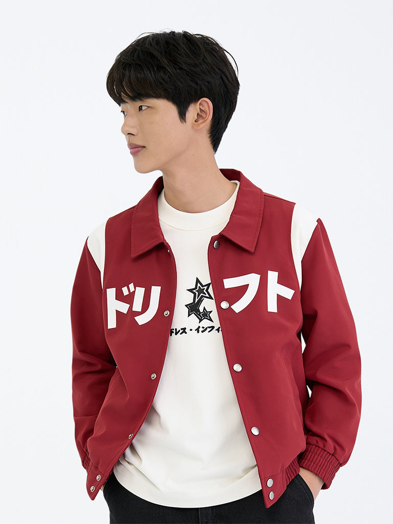 Boys Red Japanese Text Printed Jacket