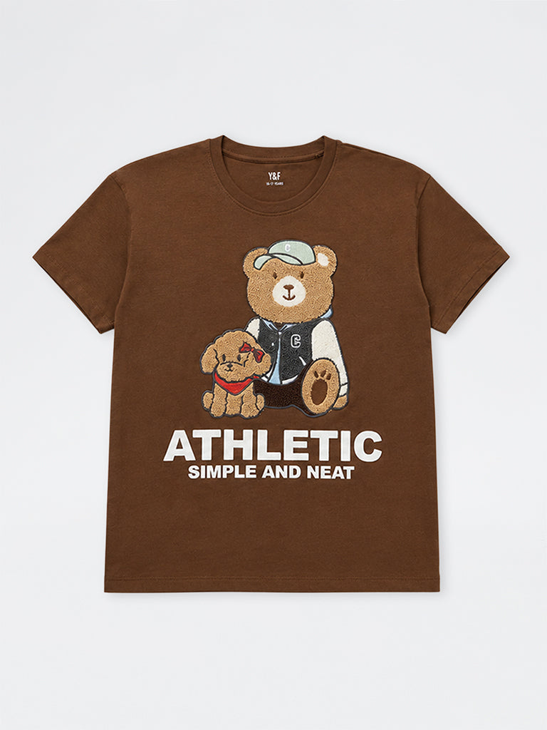 Girls Brown Teddy Design Cotton T-Shirt