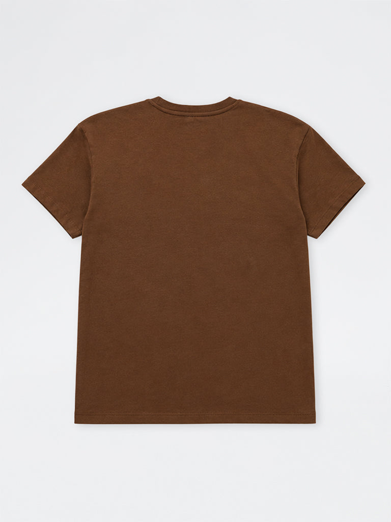 Girls Brown Teddy Design Cotton T-Shirt