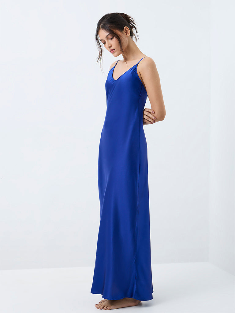 Wunderlove Blue Solid Satin Slip Dress