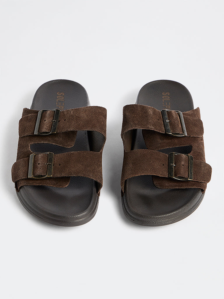 SOLEPLAY Dark Brown Dual-Strap Suede Slip-On Slides