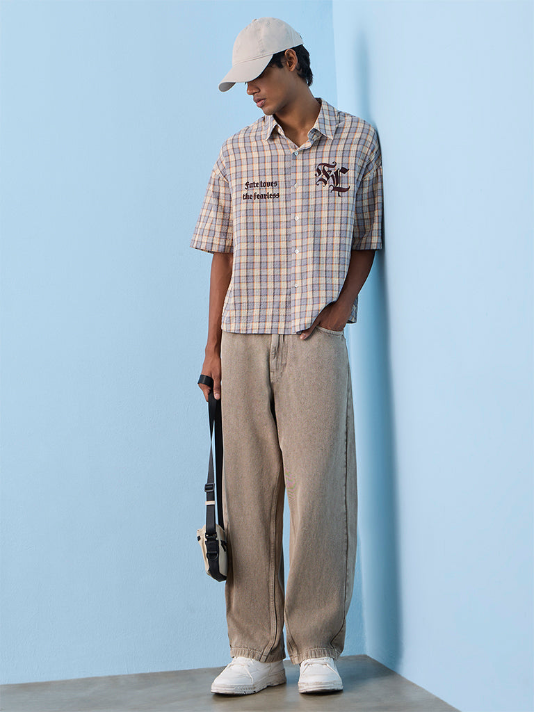 Nuon Light Blue Checkered Relaxed-Fit Cotton Shirt