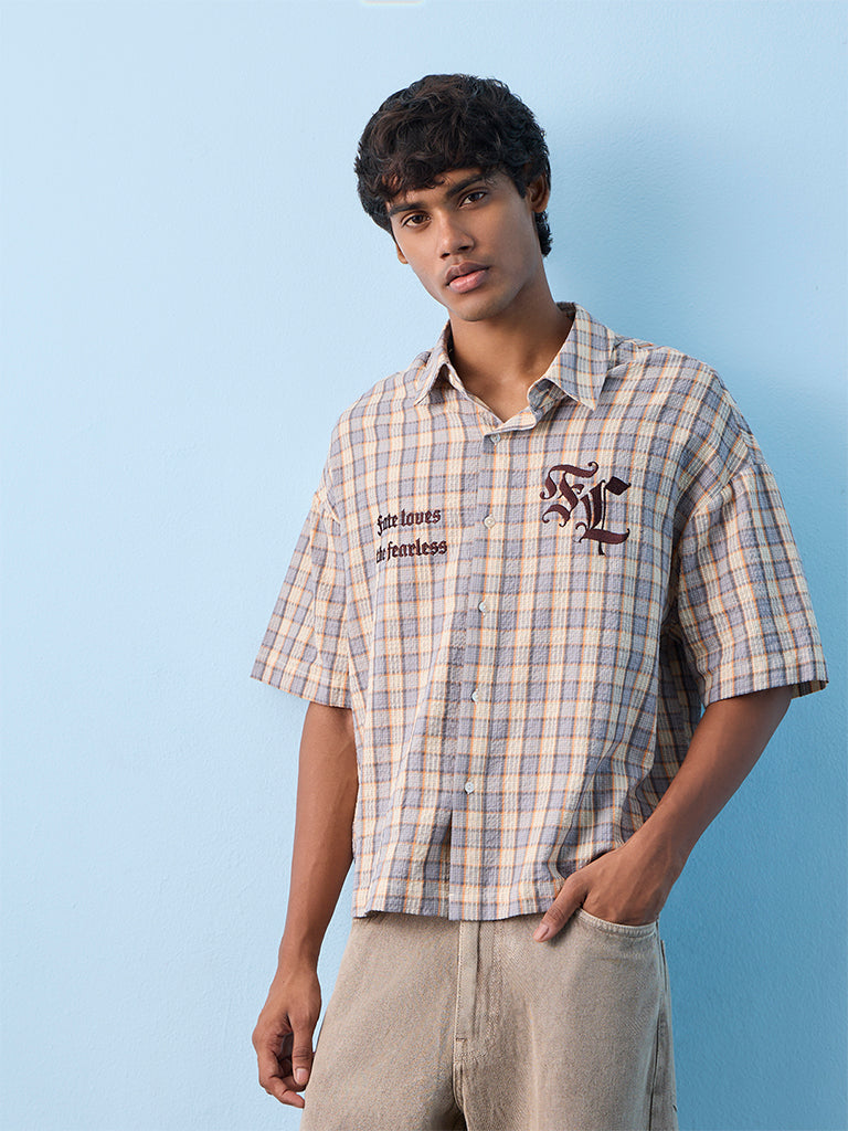 Nuon Light Blue Checkered Relaxed-Fit Cotton Shirt
