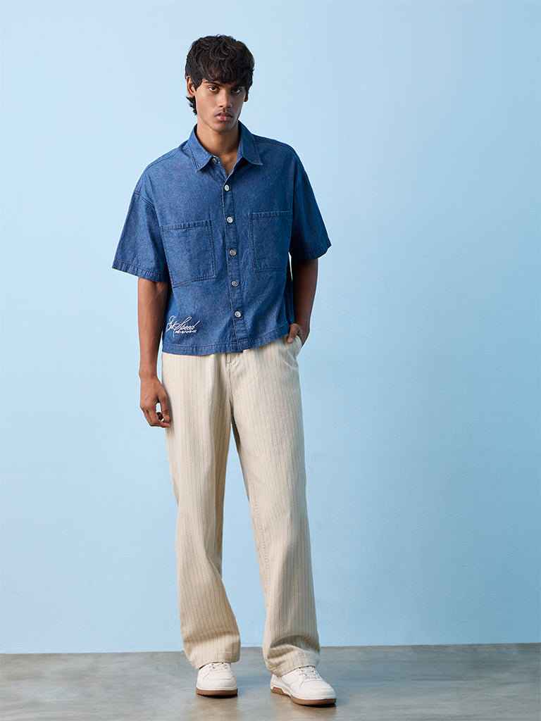 Nuon Blue Text Embroidered Relaxed-Fit Denim Shirt