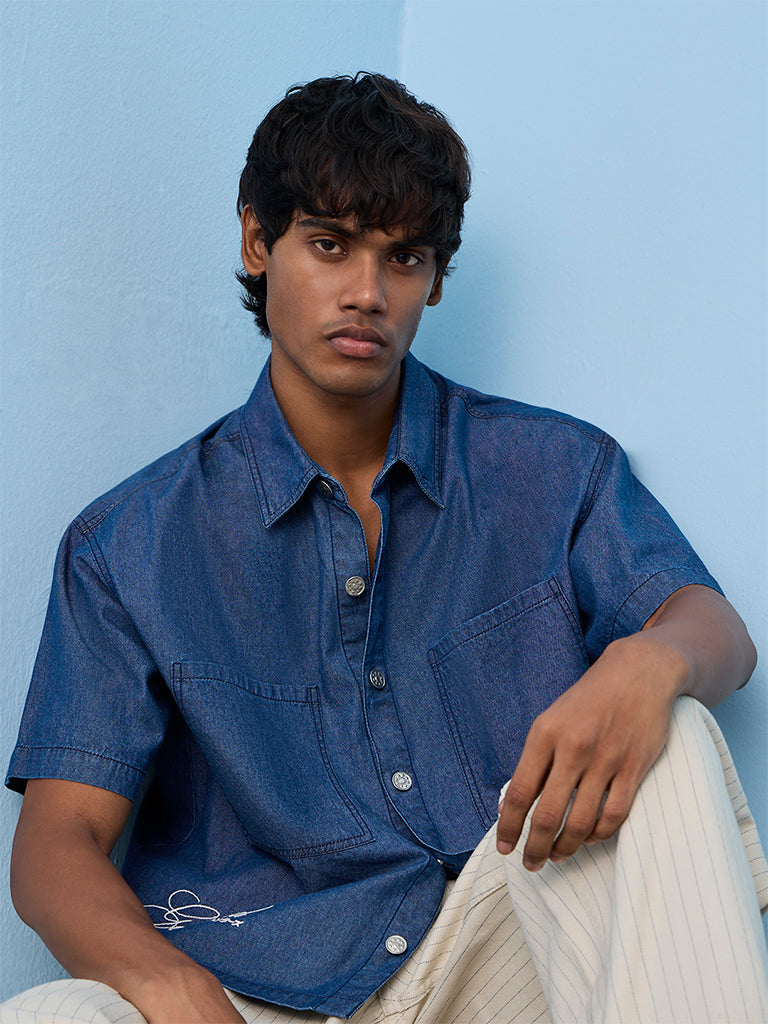 Nuon Blue Text Embroidered Relaxed-Fit Denim Shirt