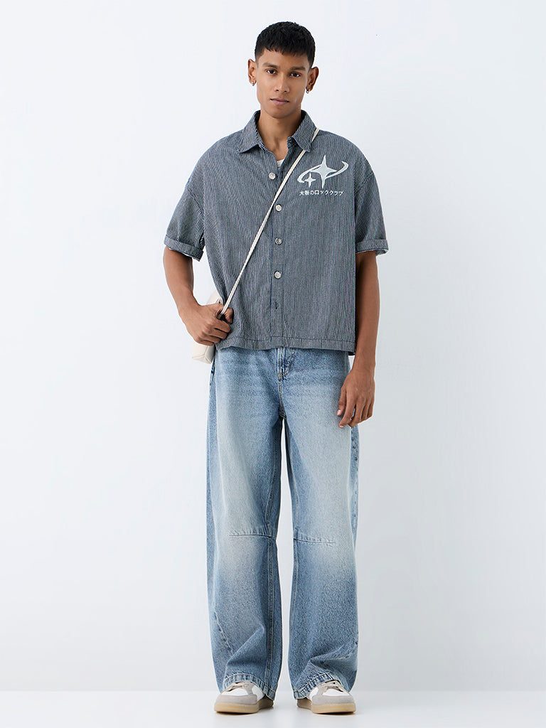 Nuon Navy Striped Relaxed-Fit Cotton Shirt