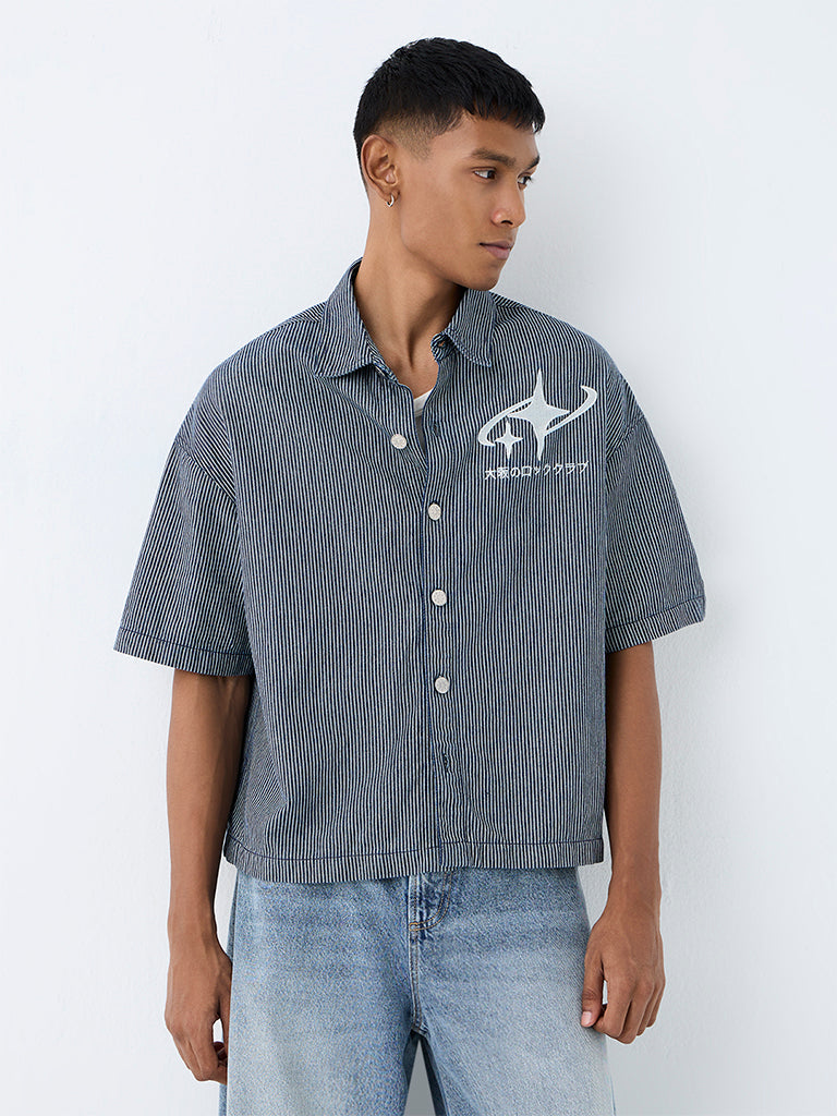 Nuon Navy Striped Relaxed-Fit Cotton Shirt