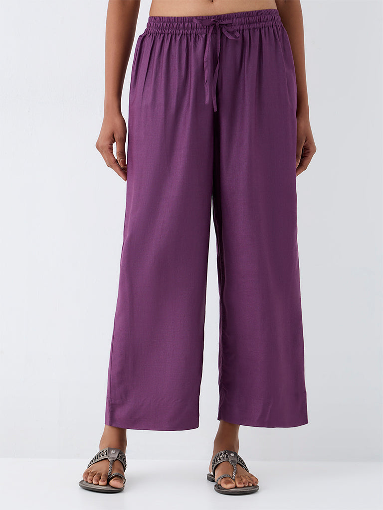 Zuba Purple Solid Cotton-Blend Pants