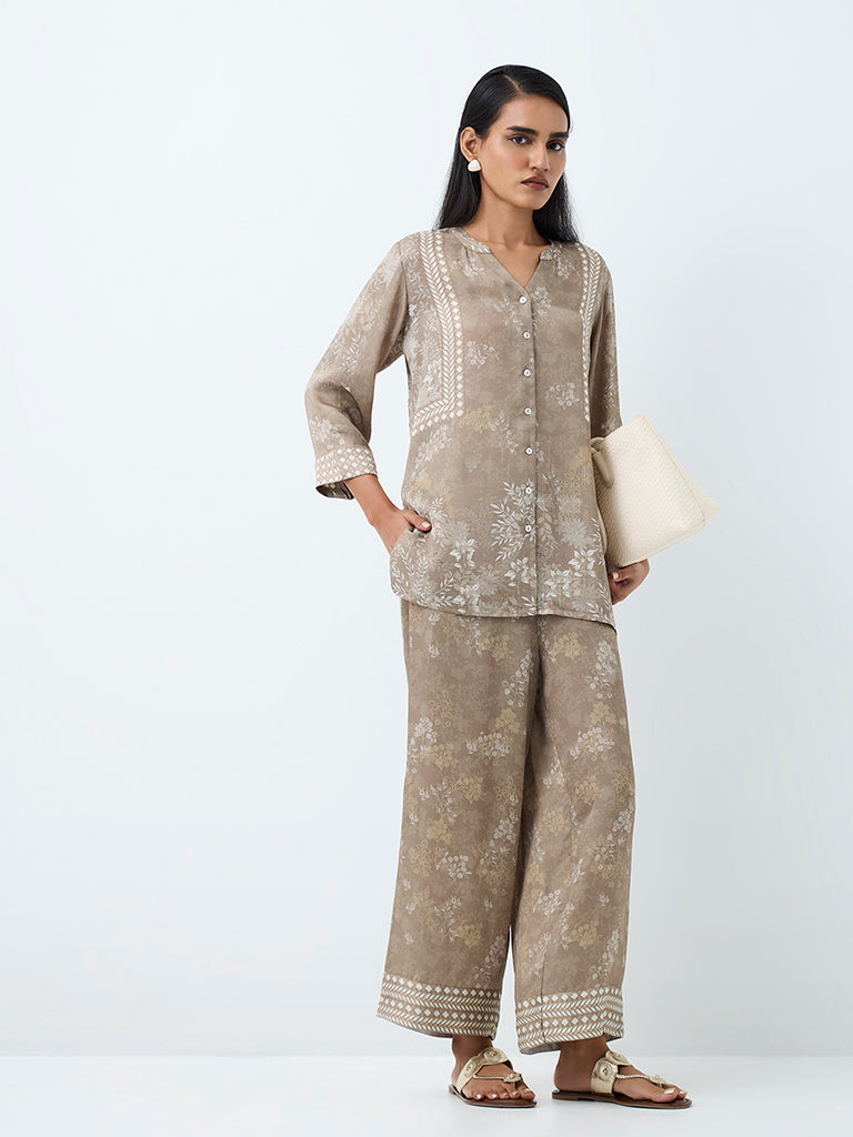 Zuba Grey Foliage Printed Pants