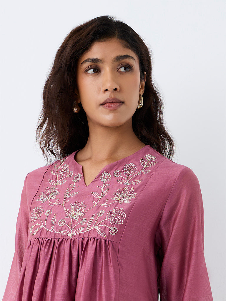 Zuba Pink Floral Embroidered Cotton-Blend Tunic