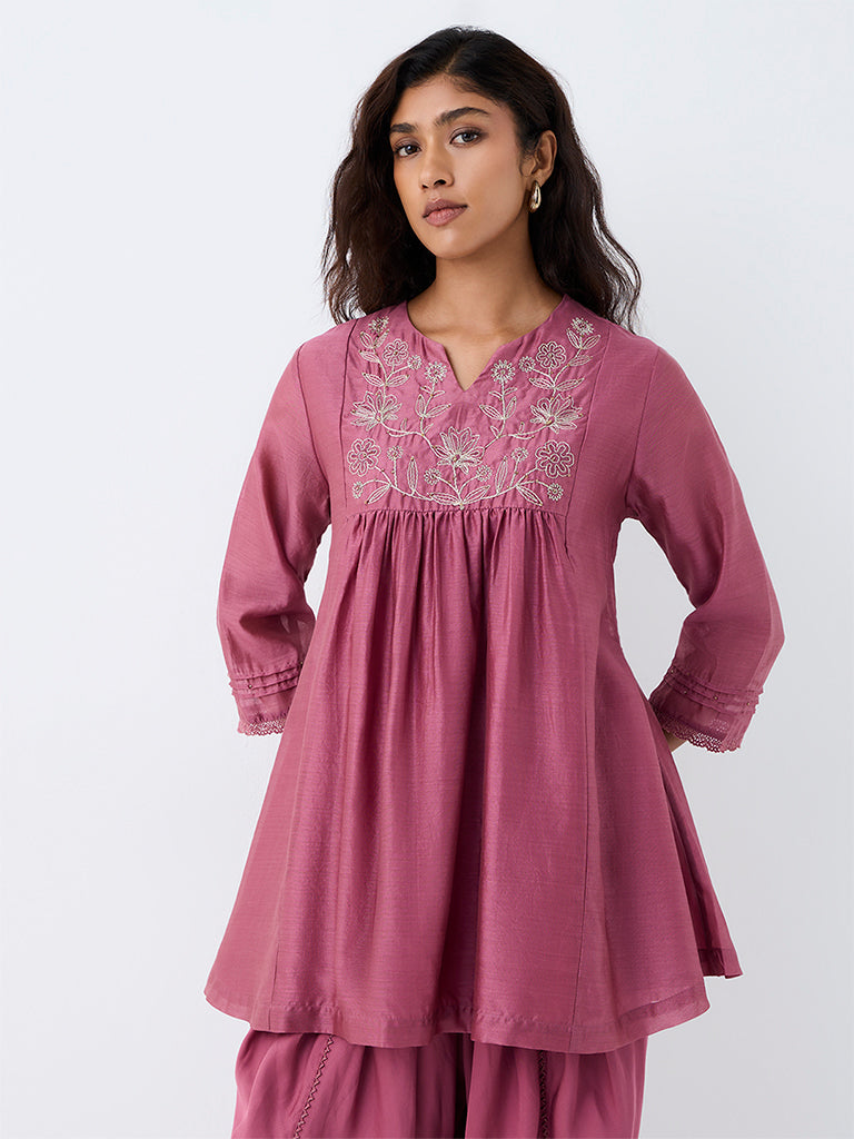 Zuba Pink Floral Embroidered Cotton-Blend Tunic