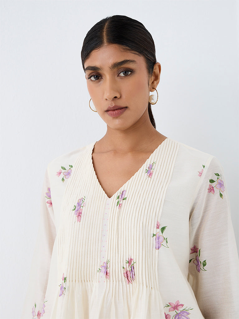 Zuba Off-White Floral Printed Cotton-Blend Tunic