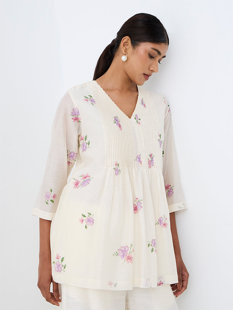 Zuba Off-White Floral Printed Cotton-Blend Tunic