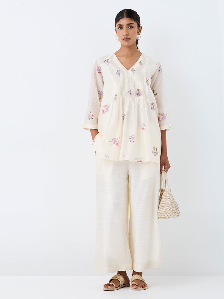Zuba Off-White Floral Printed Cotton-Blend Tunic