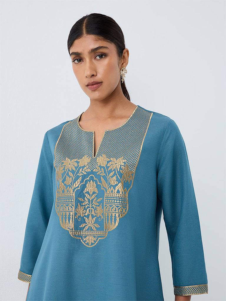Zuba Teal Floral Embroidered A-Line Kurta
