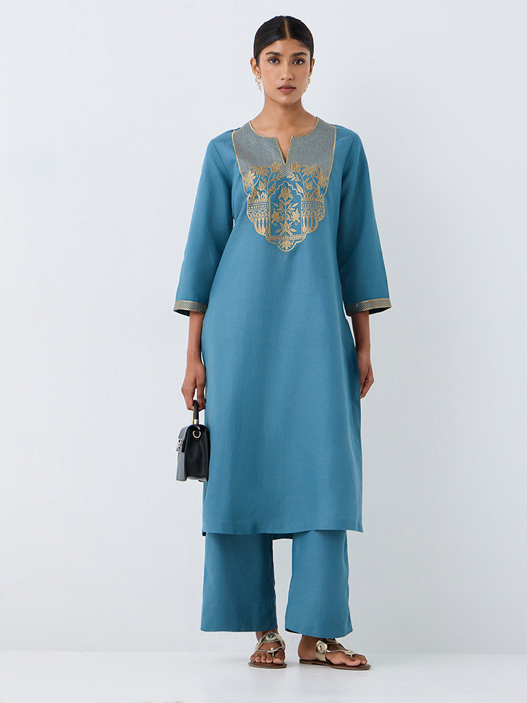 Zuba Teal Floral Embroidered A-Line Kurta